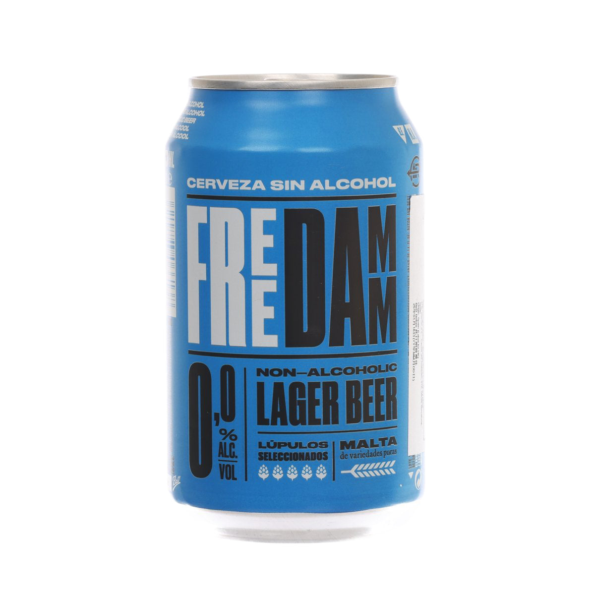 Non-alcoholic lager beer can with blue label, 330 mL, metal top