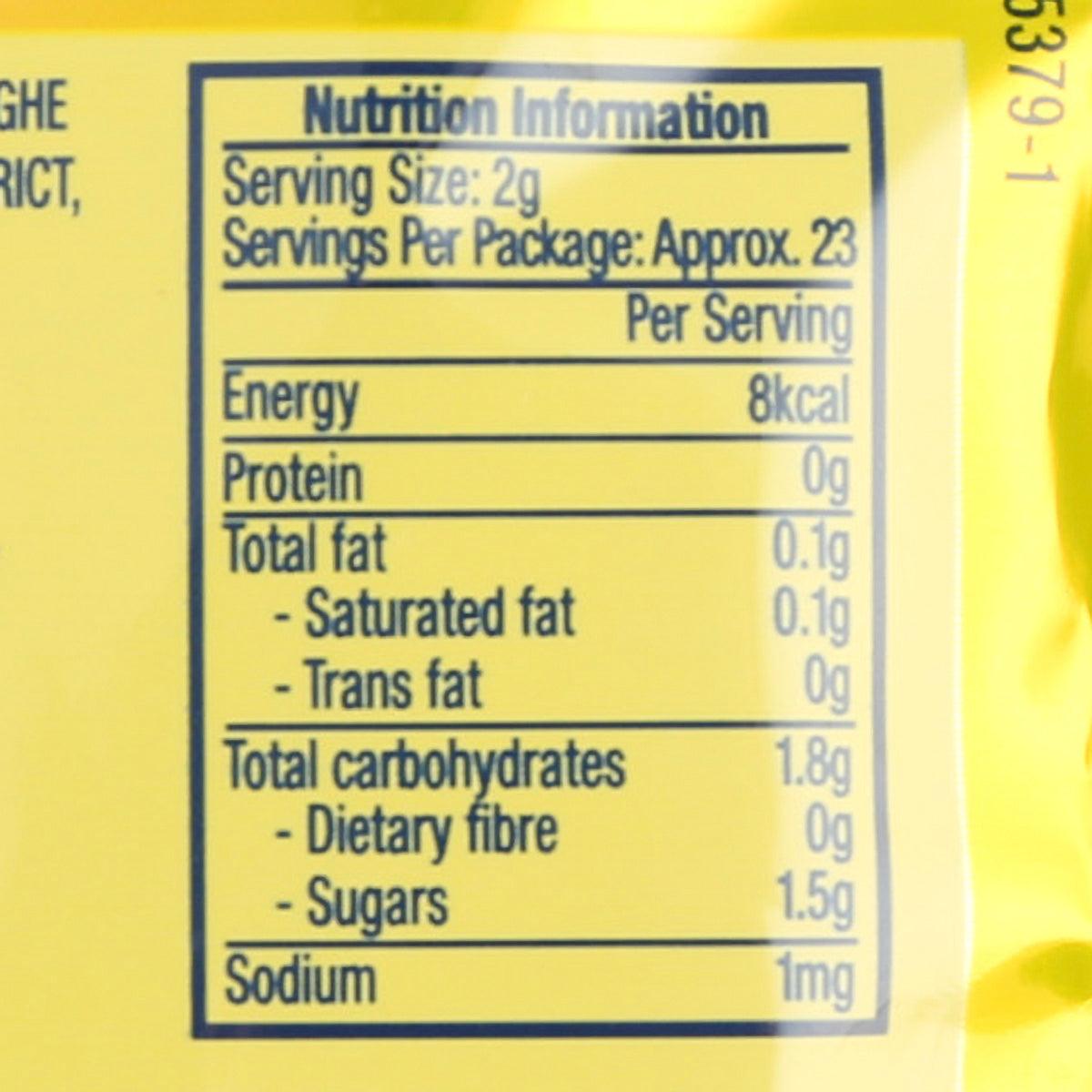 Nutrition information panel: serving size 2g, energy 8kcal per serving