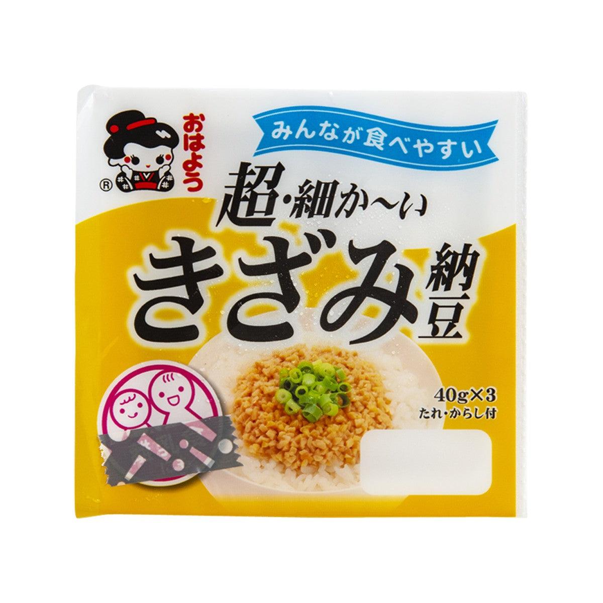 Chopped natto pouch (3-pack) with serving photo, yellow and white packaging