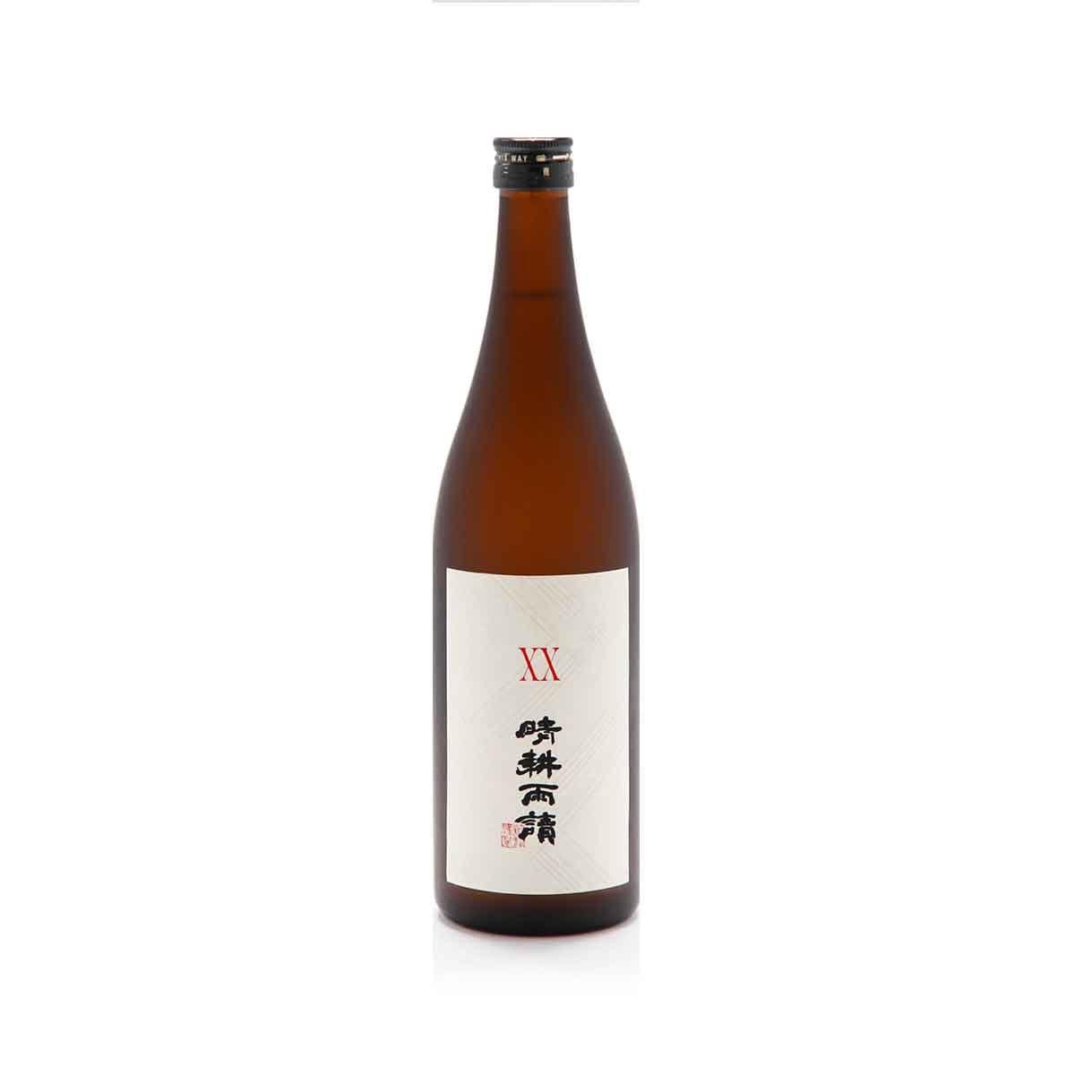 SATA Seikouudoku XX Imo Shochu bottle, amber glass, black cap, red label text