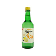 Citron flavor soju bottle, green glass with yellow cap, front label visible.