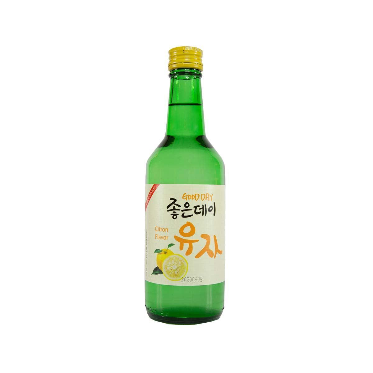 Citron flavor soju bottle, green glass with yellow cap, front label visible.