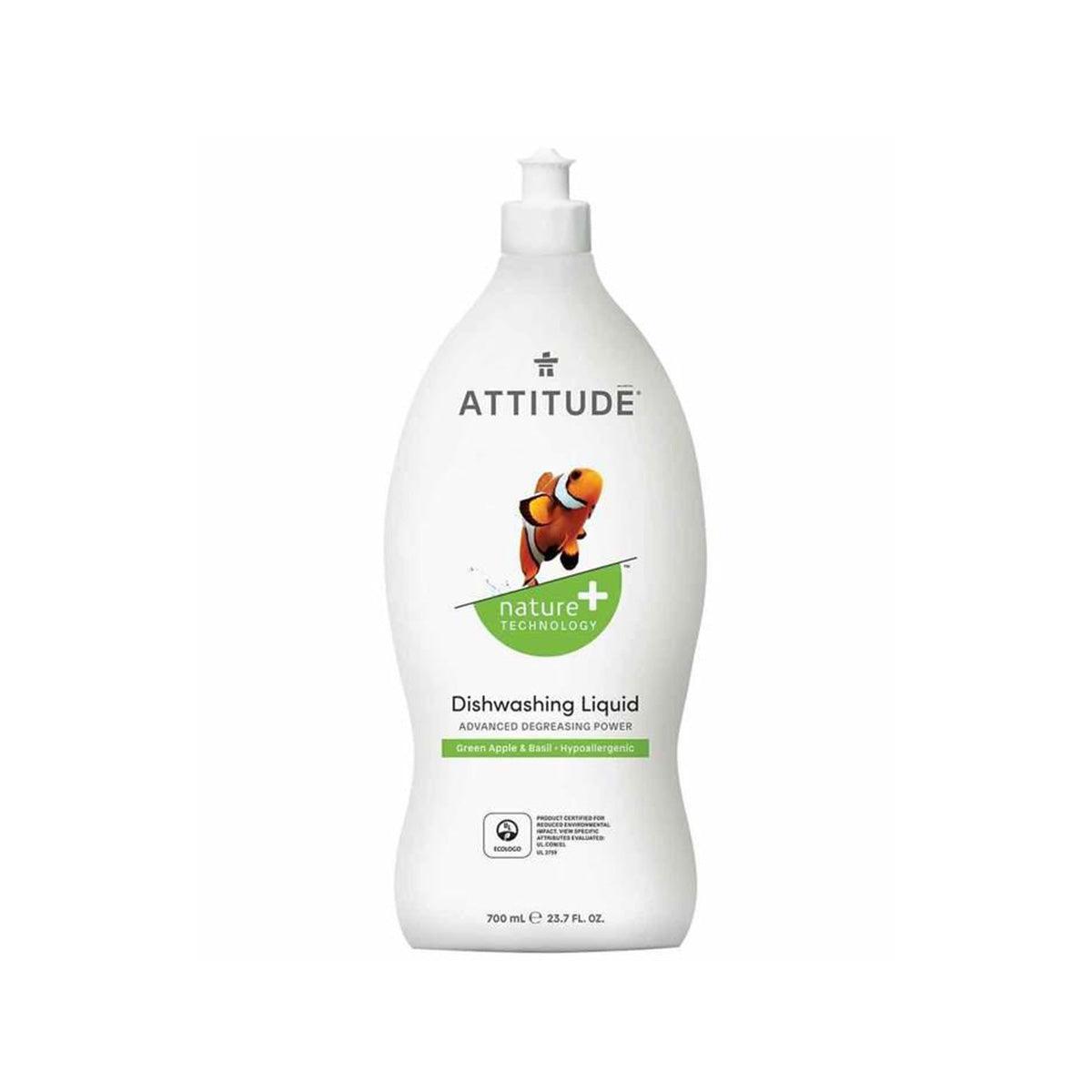 ATTITUDE dishwashing liquid bottle with pump, labeled 700 mL, white bottle
