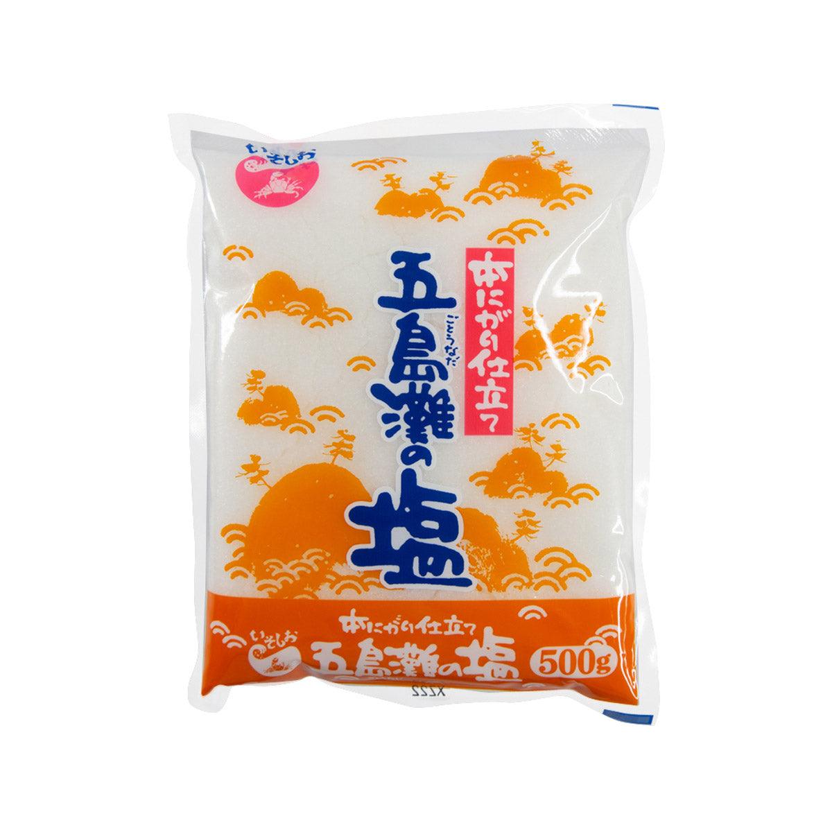 RYOUEN Gotounada salt pouch, 500g; orange and blue graphics on white bag