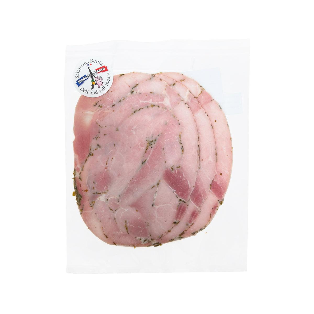 Cooked ham slices with basil, rindless, 150g