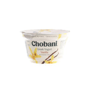Vanilla Greek yogurt cup with Chobani branding and clear plastic lid