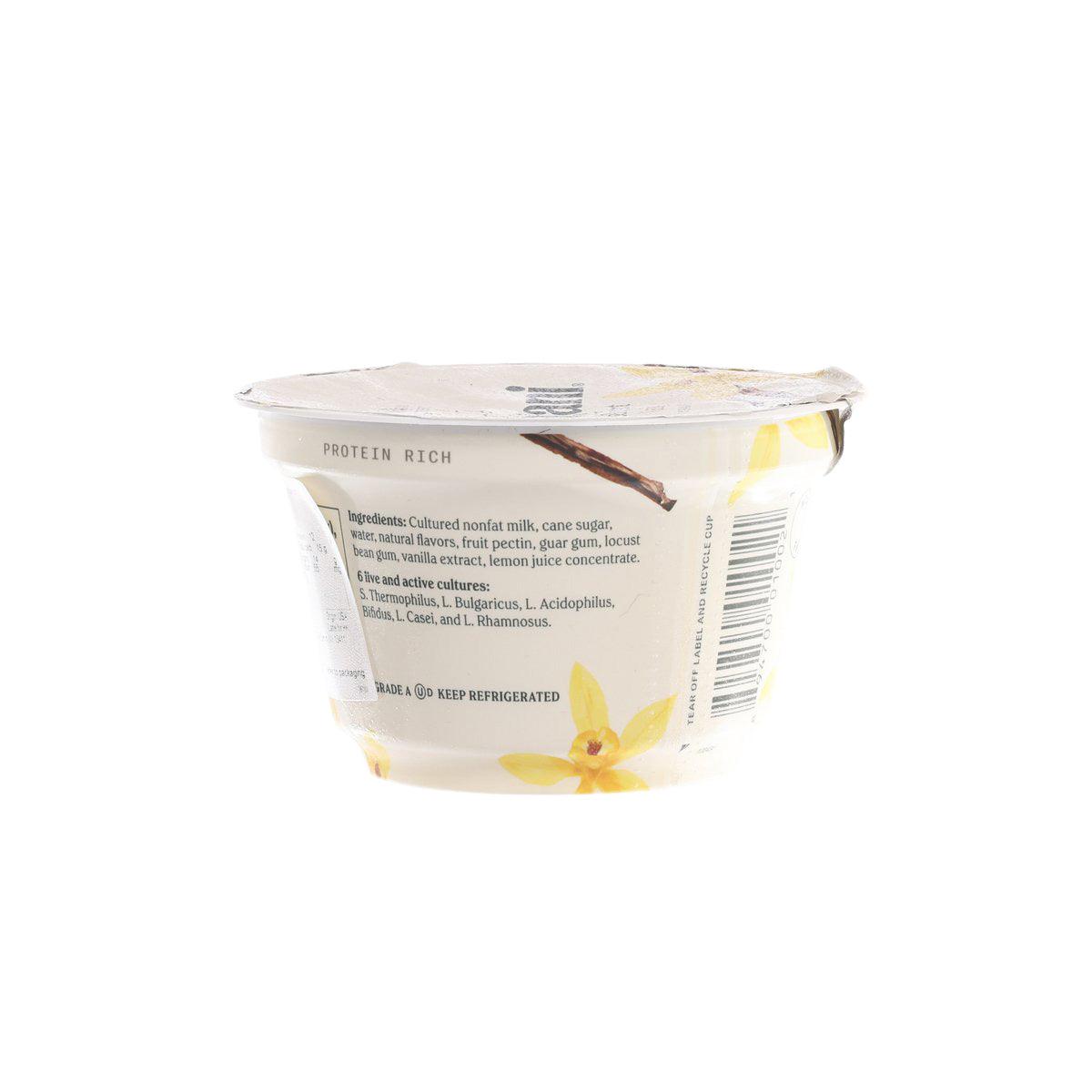 Vanilla Greek yogurt cup back panel with nutrition and ingredient text