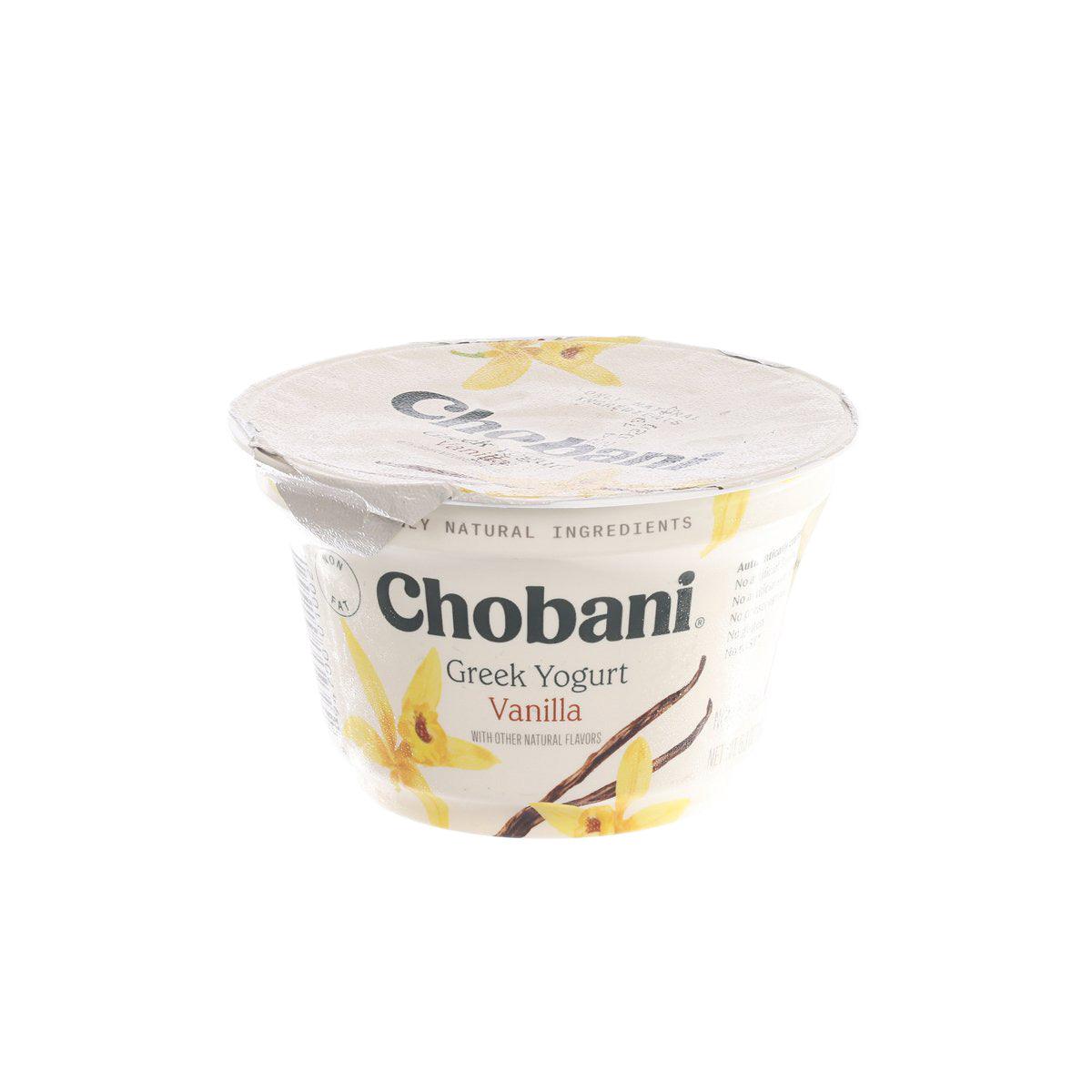 Vanilla Greek yogurt cup, Chobani label on front under plastic lid
