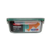 Rectangular glass snap container with teal lid and Good Grips label, 1.8 L