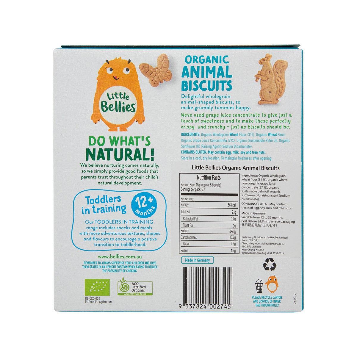 Little Bellies organic animal biscuits box back with ingredient and claim text