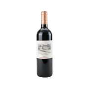 Dark glass wine bottle with cream label and cork, front view.