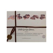Assorted turron portions gift box with ribbon, printed chocolate pieces and brand name