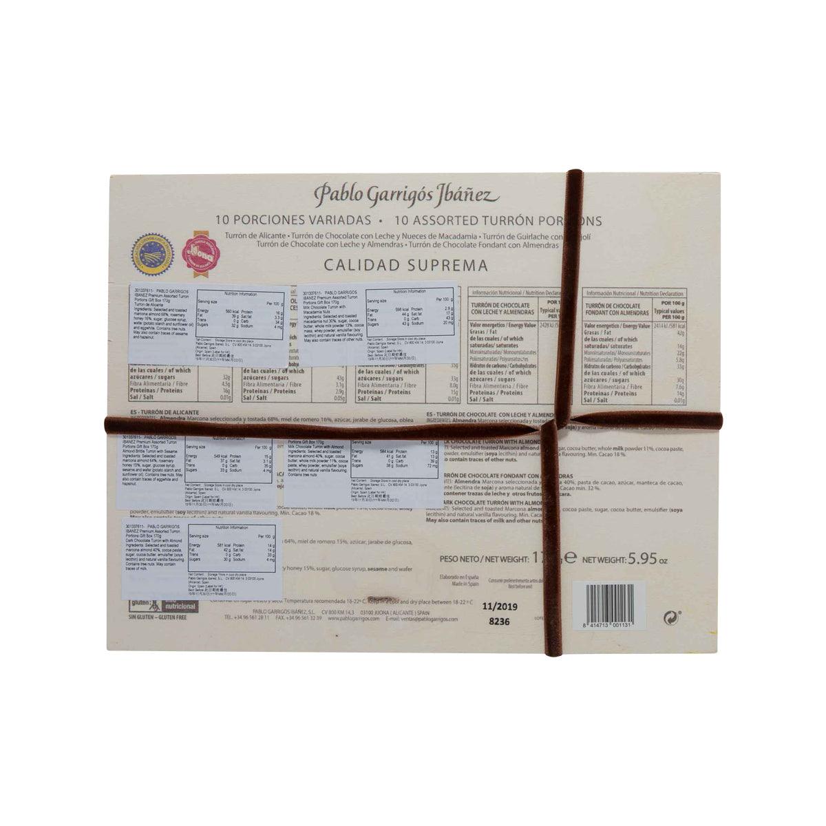 Assorted turron portions gift box back panel with nutrition and ingredient label