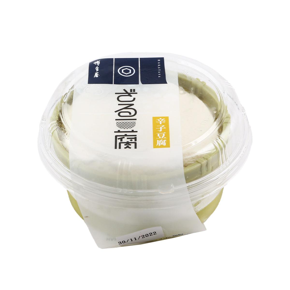 Mustard zaru tofu cup with clear lid, blue-and-gold front label