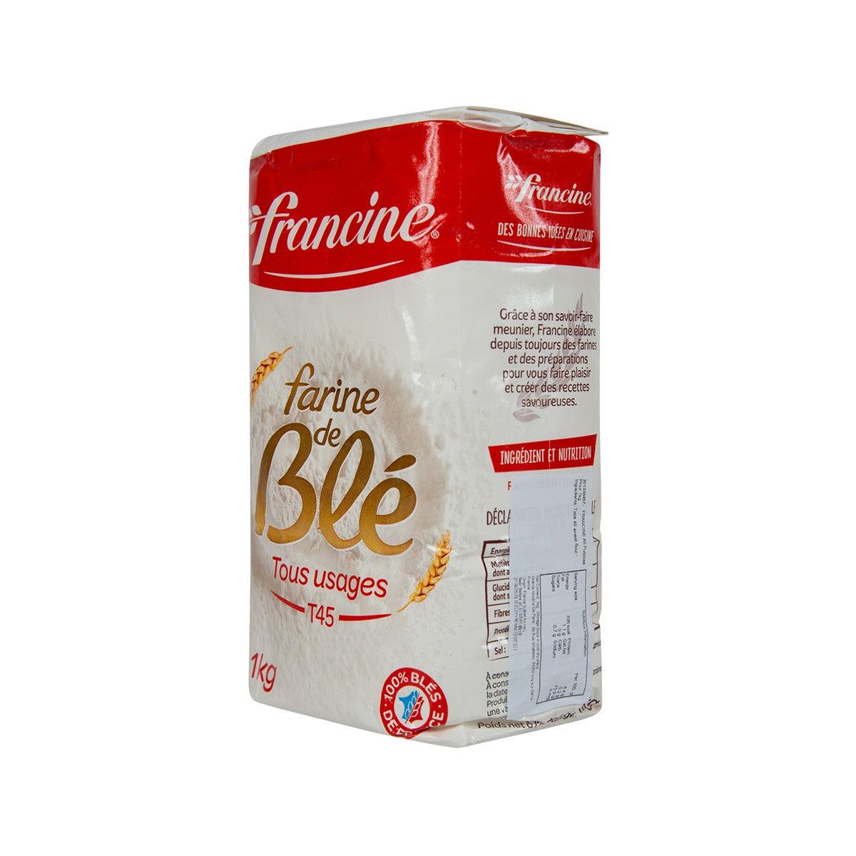 Francine all-purpose wheat flour bag (1kg), side panel with product info