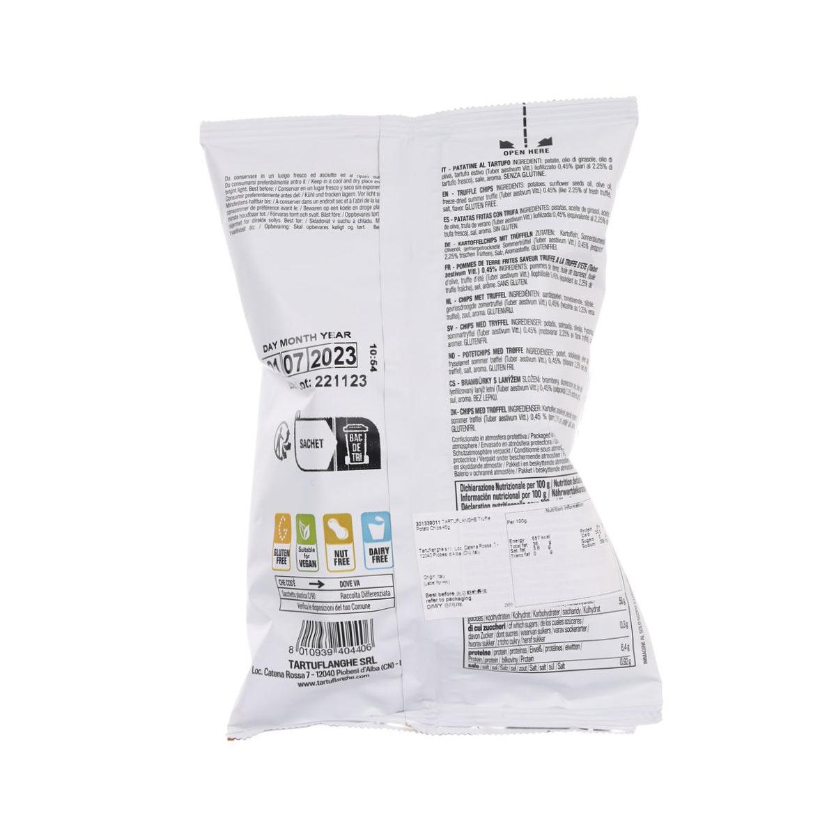 TARTUFLANGHE truffle potato chips bag back with ingredients and nutrition info
