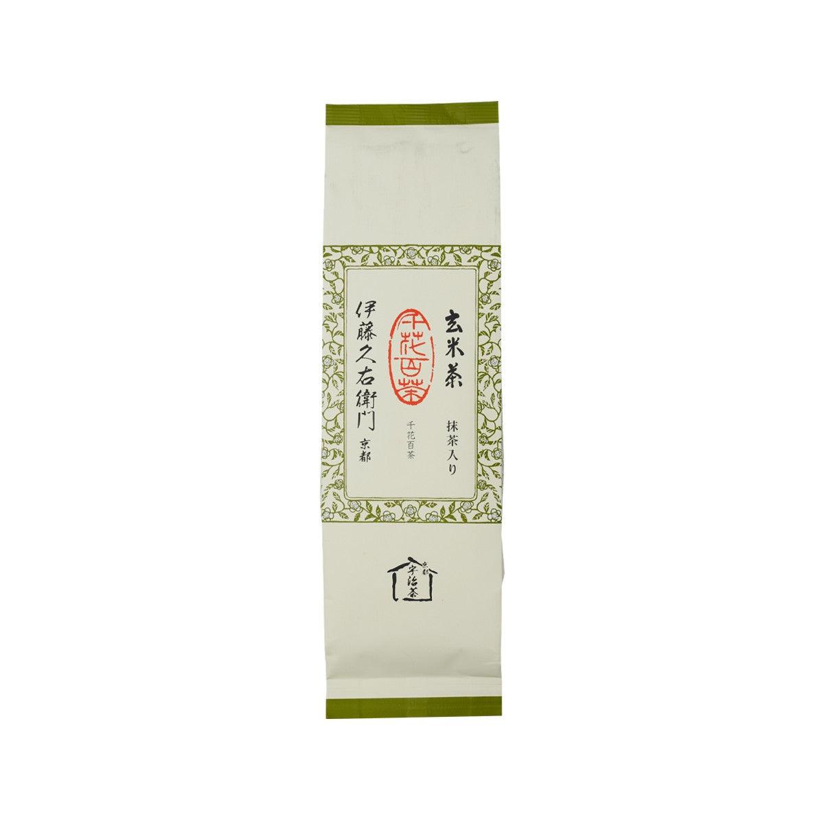 Matcha genmaicha tea leaves pouch, green and off-white with Japanese label, 200 g