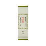Matcha genmaicha tea leaves pouch, green and off-white with Japanese label, 200 g