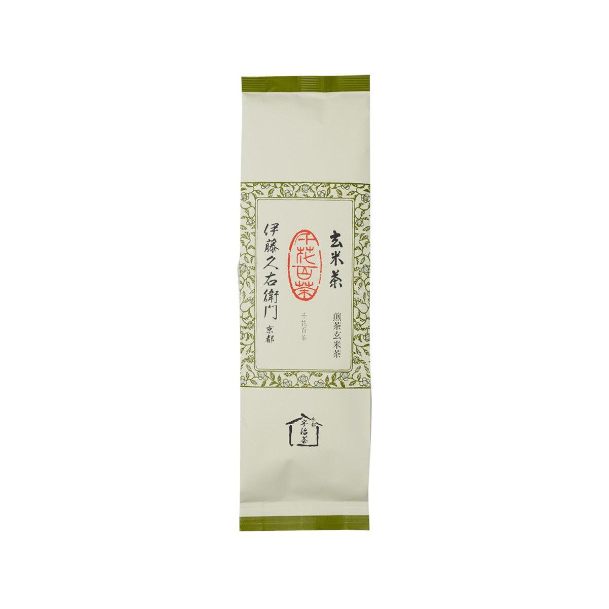 ITOHKYUEMON sencha genmaicha tea leaves pouch, green striped top and label