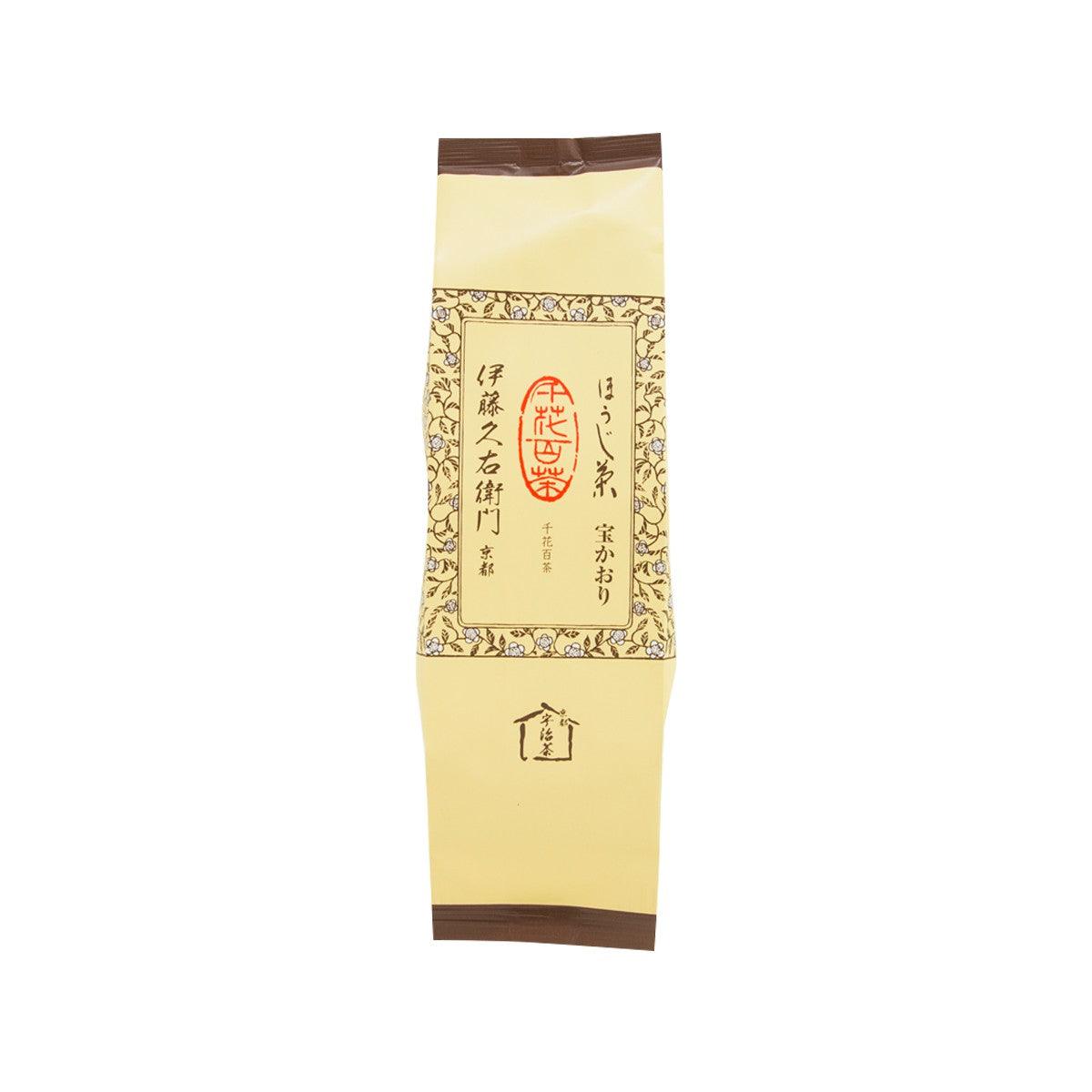 Houjicha tea leaves pouch, beige with front label and seal, 100 g