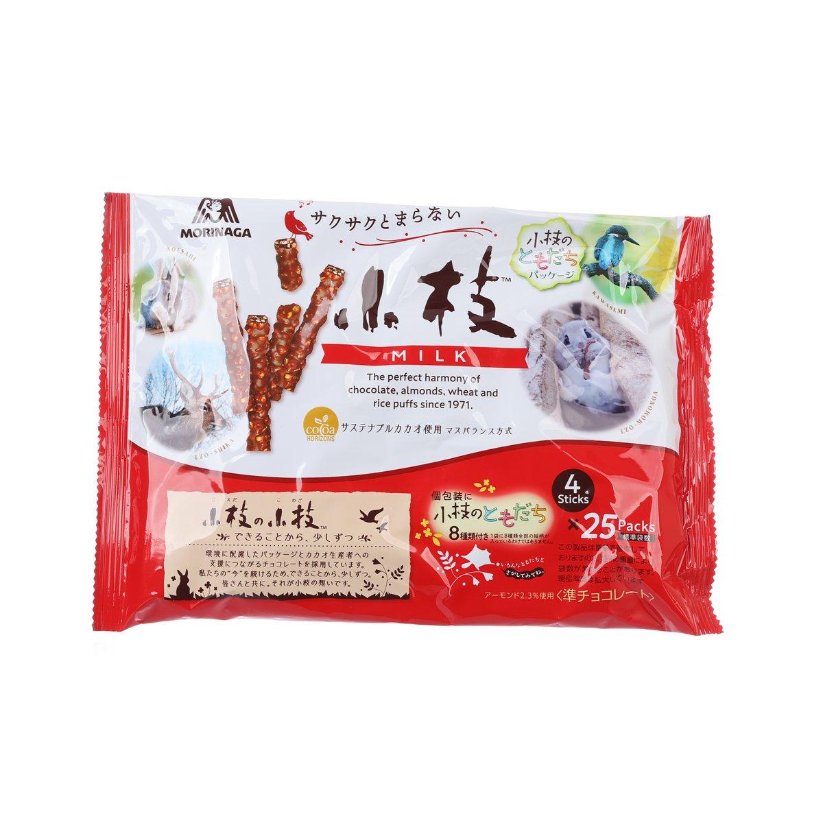 MORINAGA Koeda milk chocolate party pack front, red foil wrapper with stick illustrations