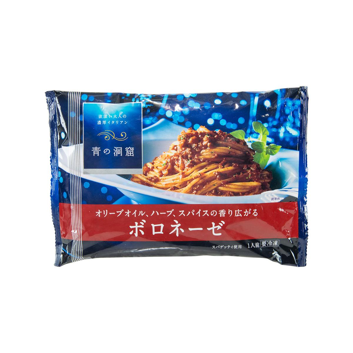Blue bolognese sauce pouch with front food photo, sealed package