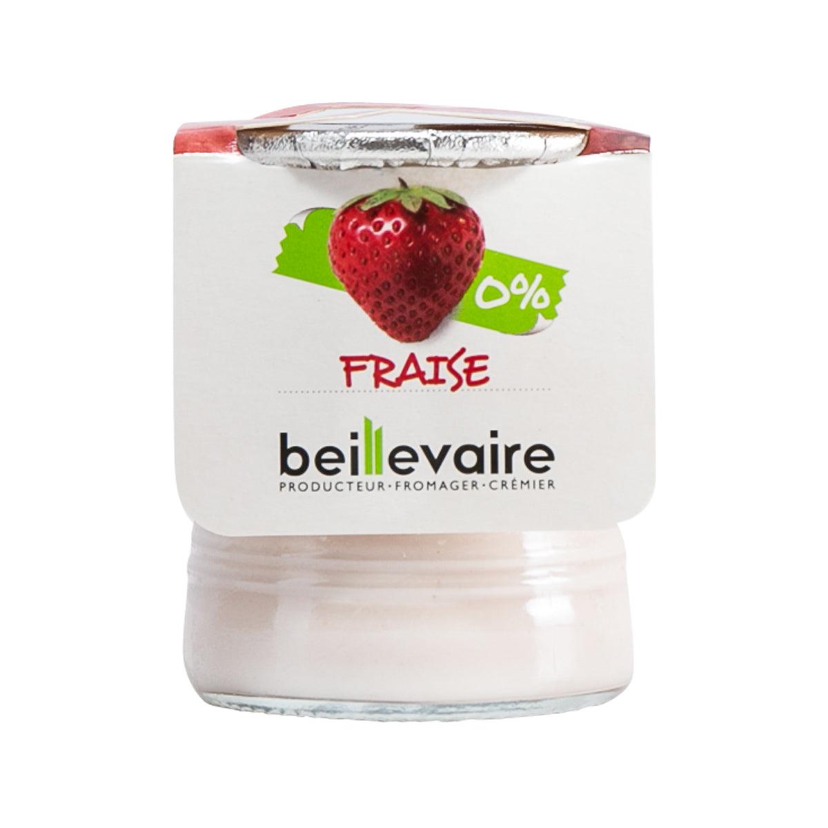 Strawberry 0% fat yogurt cup by BEILLEVAIRE with strawberry graphic and 0% mark
