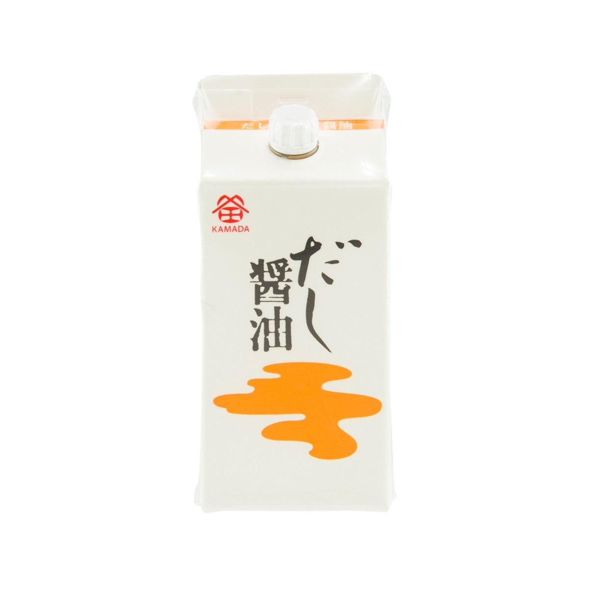 KAMADA soy sauce with seafood stock 200 mL pouch, front view with orange drip graphic
