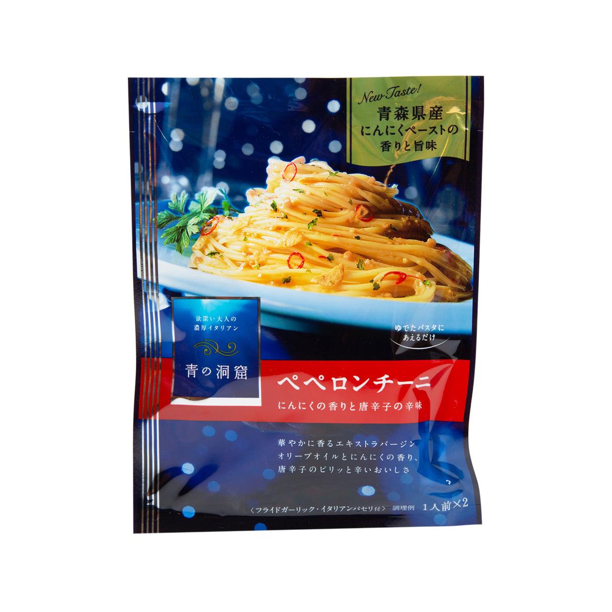 Pasta sauce sachet with blue packaging and peperoncini chili label