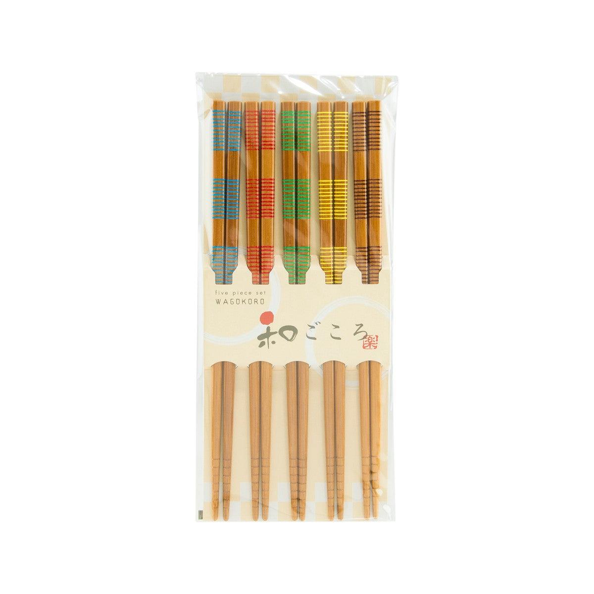 Bamboo chopsticks set in clear pack, assorted colored wrappers and tips