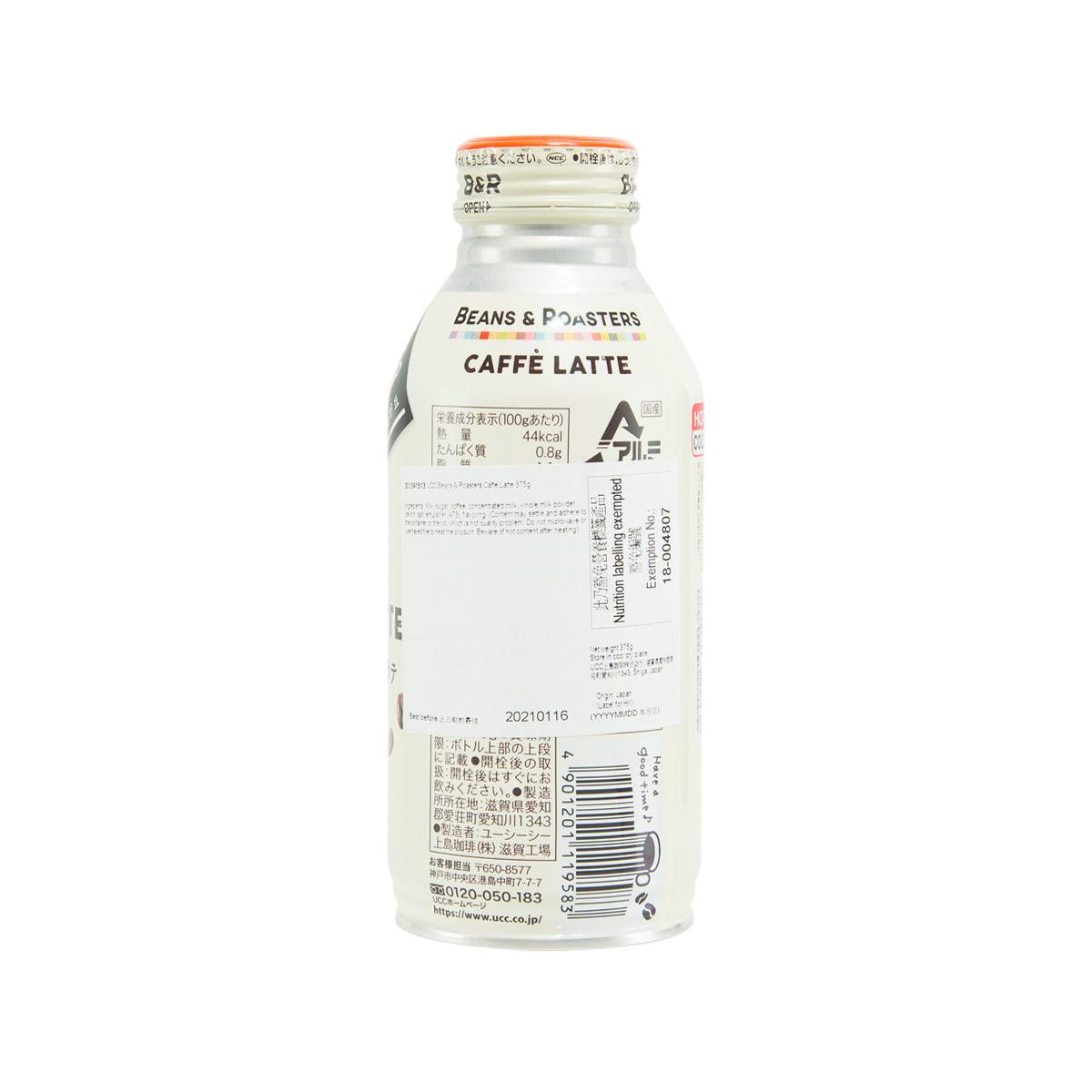 UCC Beans & Roasters Caffe Latte 375g bottle, nutrition and barcode back
