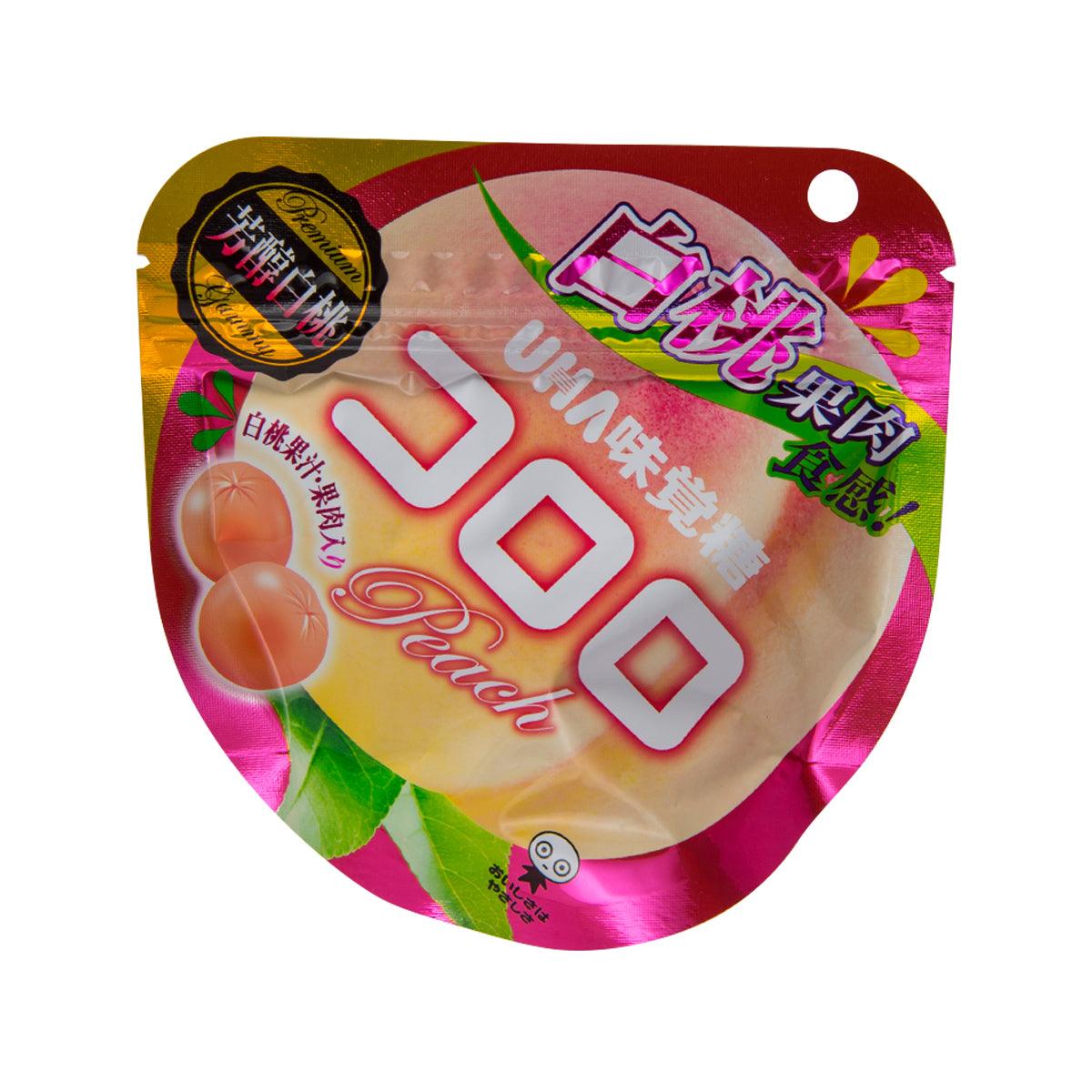 Peach gummy snack pouch with gold seal and foil backing
