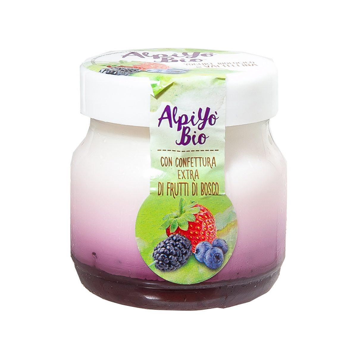 ALPIYO organic berry yogurt jar with white screw cap, purple mixed berry topping.