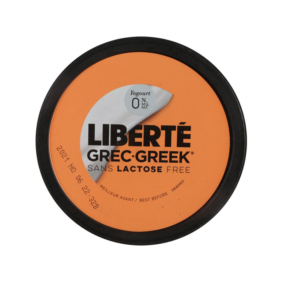 Lactose-free plain Greek yogurt lid, LIBERTE 0% milk fat