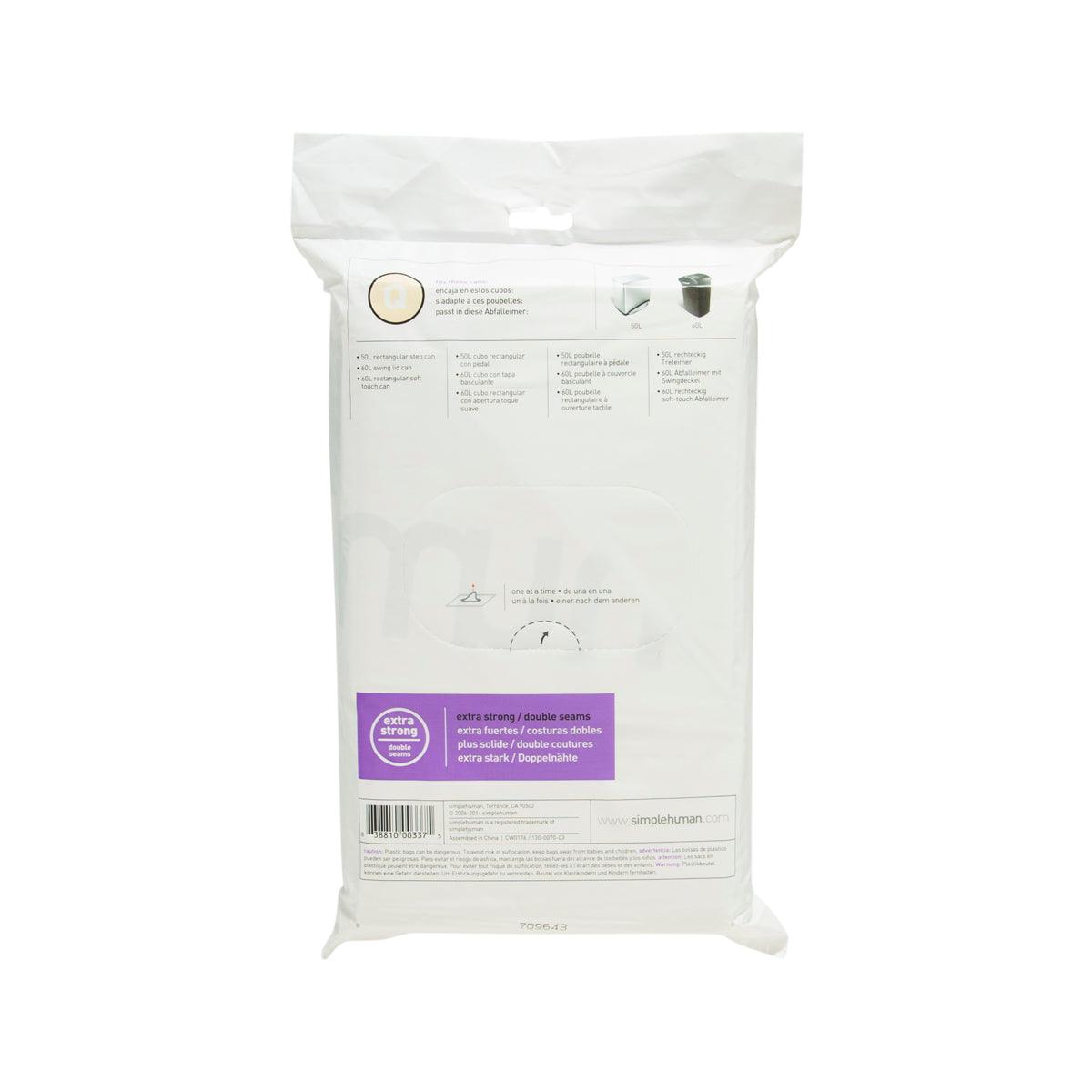 SIMPLEHUMAN 50–65L Q trash bag pack, white, back label