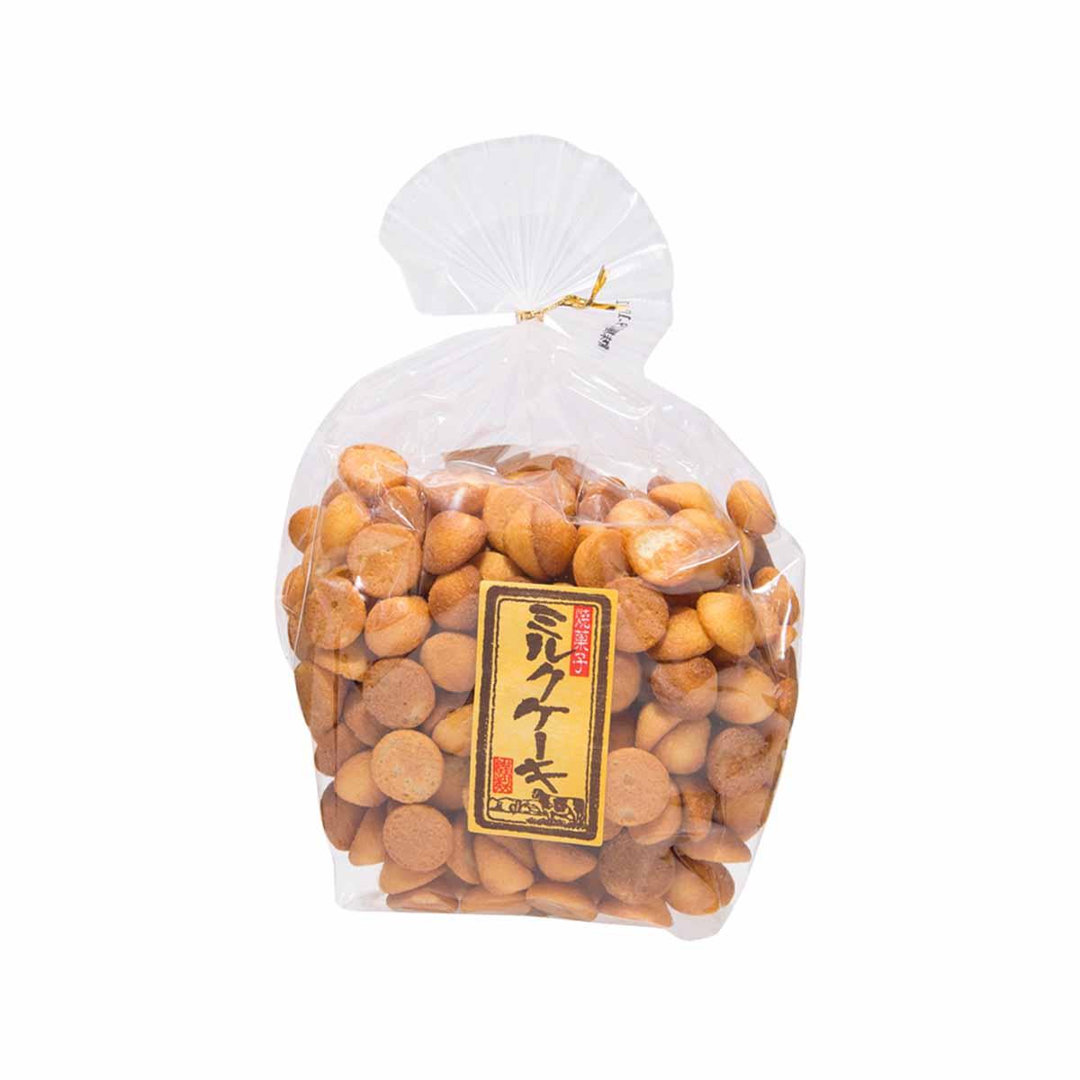 Mini milk biscuit bag with clear plastic, tied top, round golden biscuits