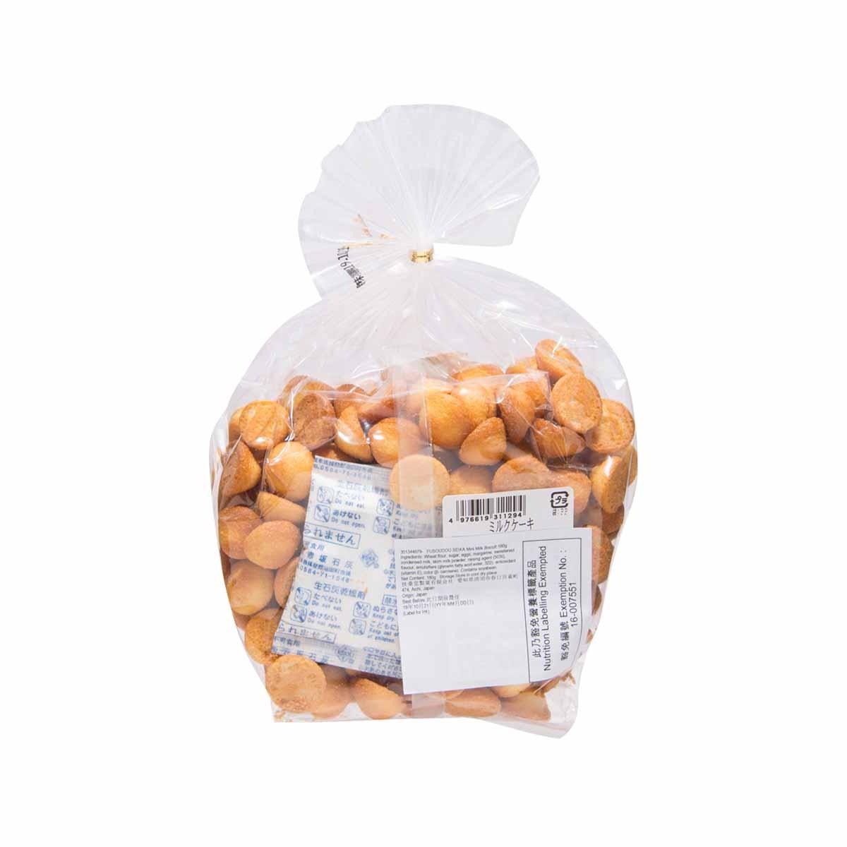 Mini milk biscuit bag with barcode label on clear plastic, tied top, round golden biscuits