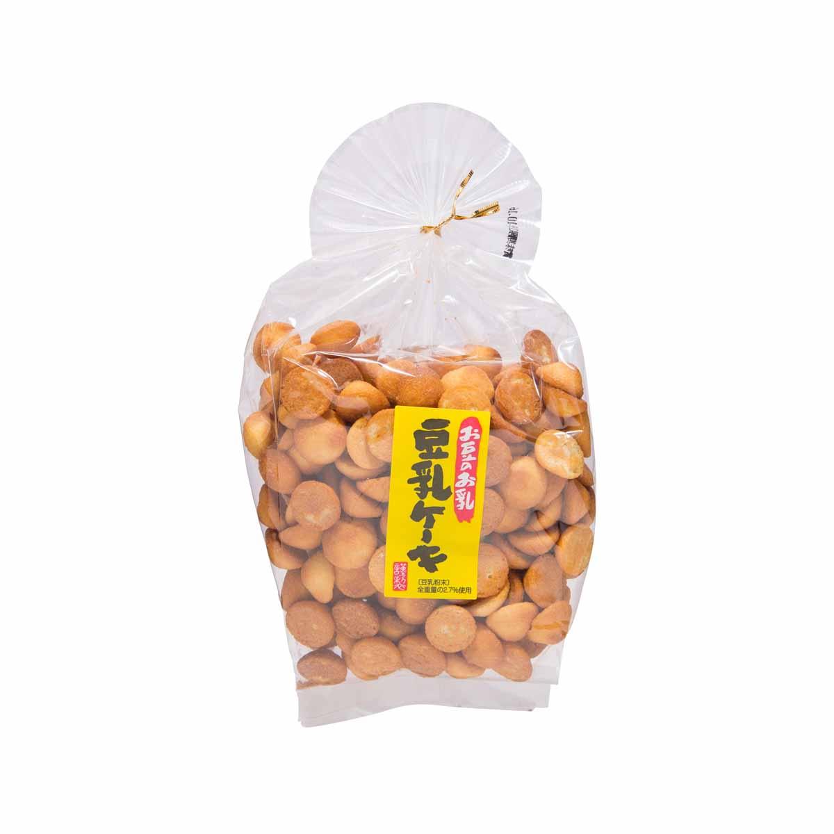 Mini soymilk biscuit bag with yellow label and visible round biscuits