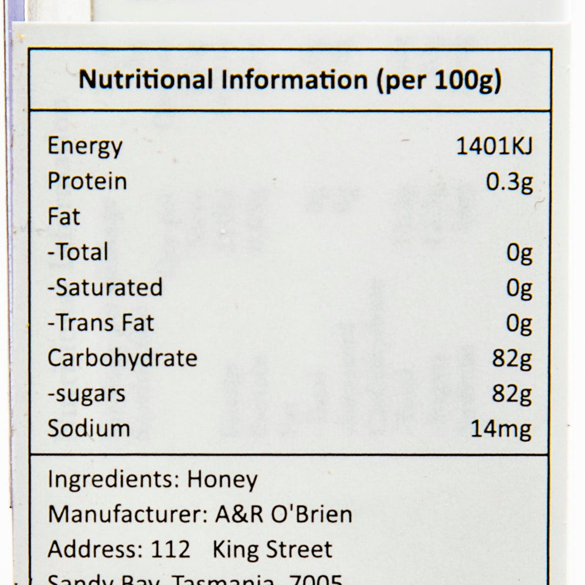 Honey nutritional info panel: 1401kJ, 0.3g protein, 82g carbs, 14mg sodium