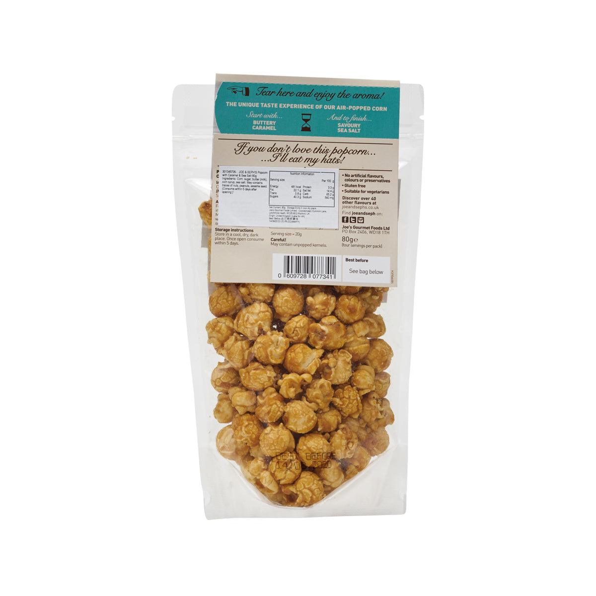 Back of JOE & SEPH'S salted caramel popcorn bag, net content 80g