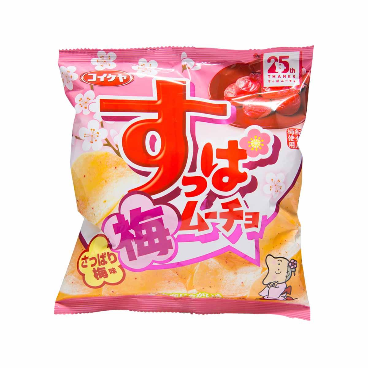 Sour plum flavored potato chips bag, pink and white packaging with large Japanese text