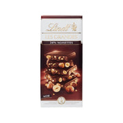 LINDT Les Grandes 34% hazelnut dark chocolate pouch, with hazelnuts and chocolate pieces