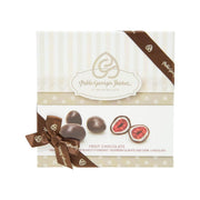 Fruit chocolate gift box with raspberry and white/dark chocolate graphics, dark ribbon tie
