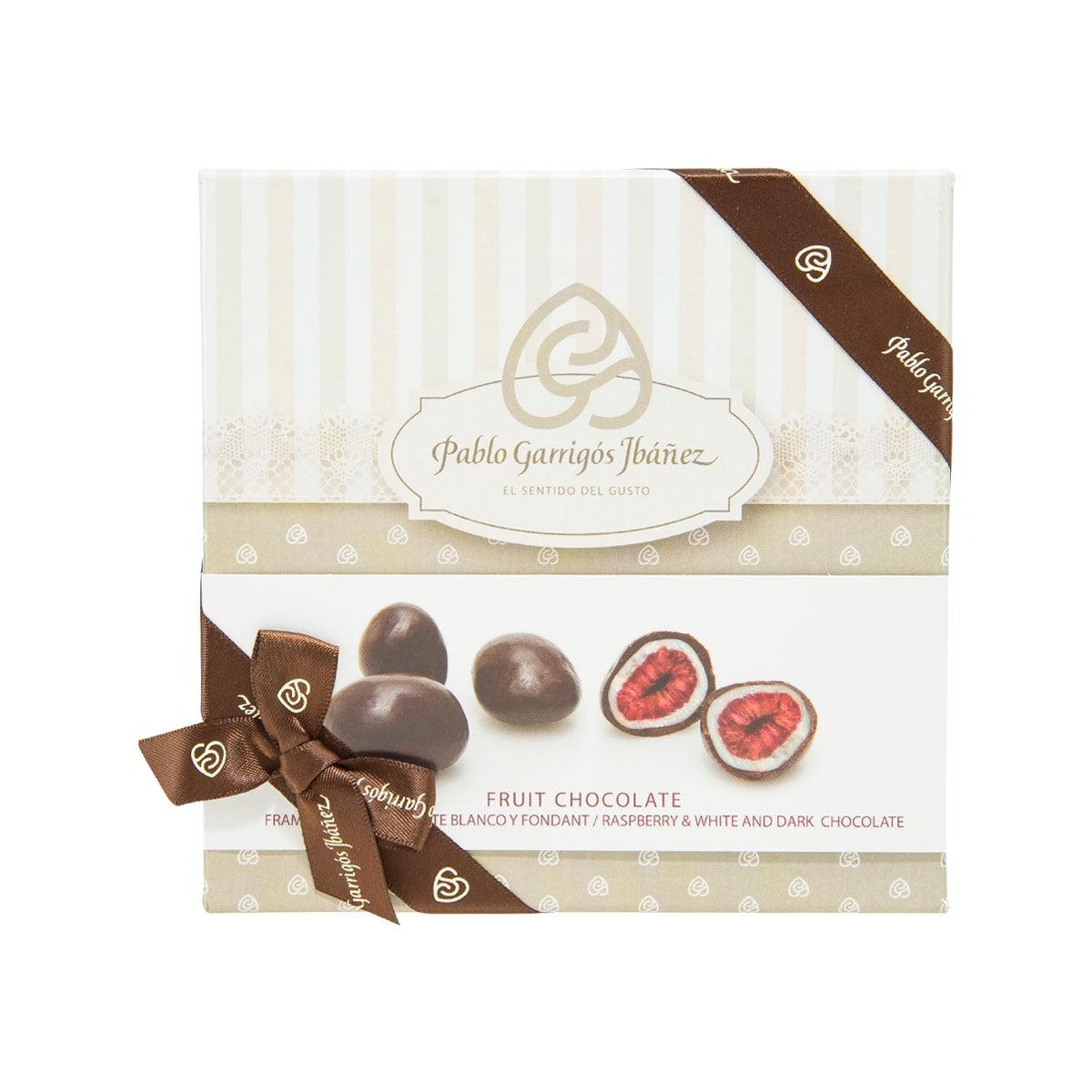 Fruit chocolate gift box with raspberry and white/dark chocolate graphics, dark ribbon tie
