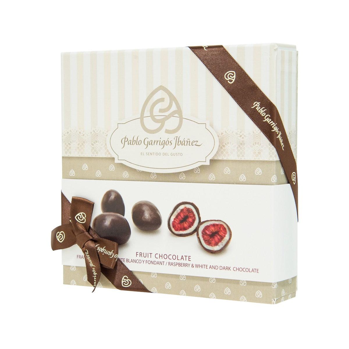 Fruit chocolate gift box with raspberry and white/dark chocolate graphics, dark ribbon on top