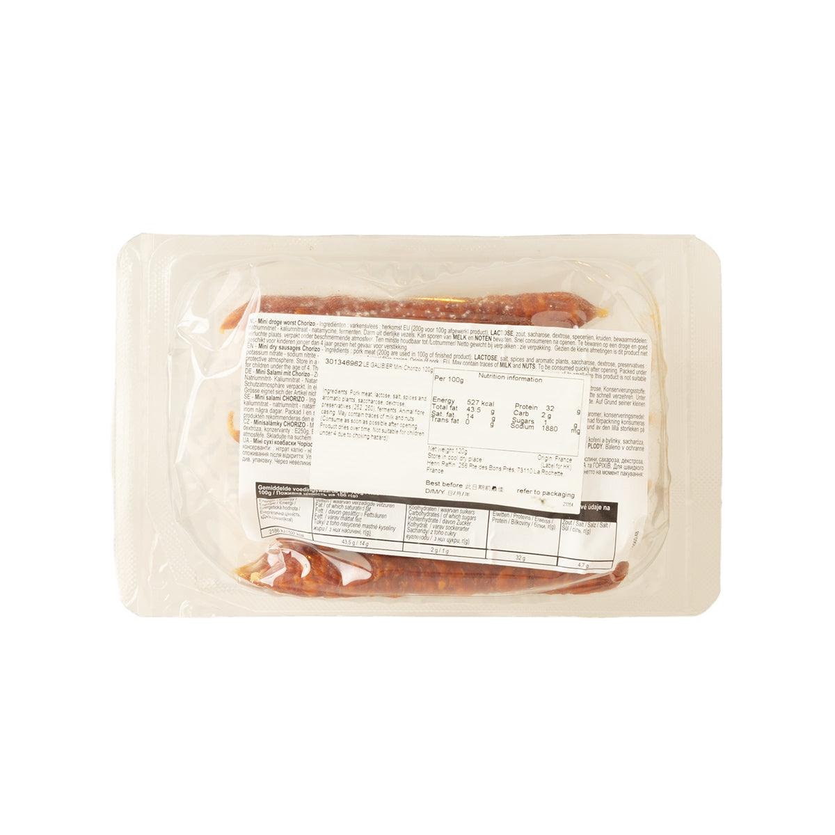 Sealed mini chorizo pack, back label with ingredients and nutrition table