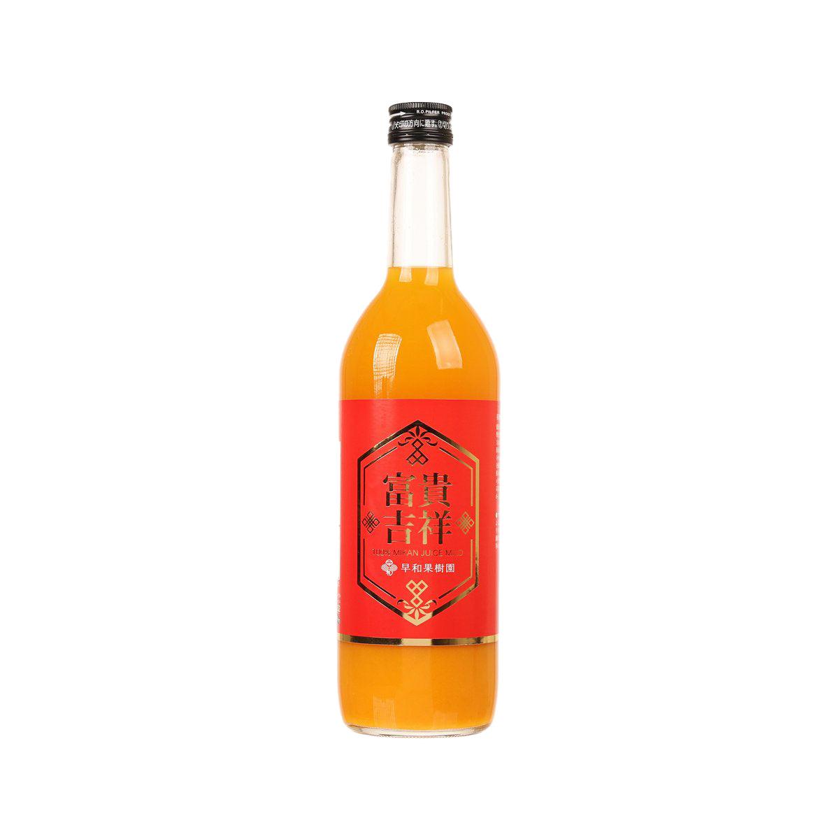 Glass bottle of orange mikan juice with black cap and red label