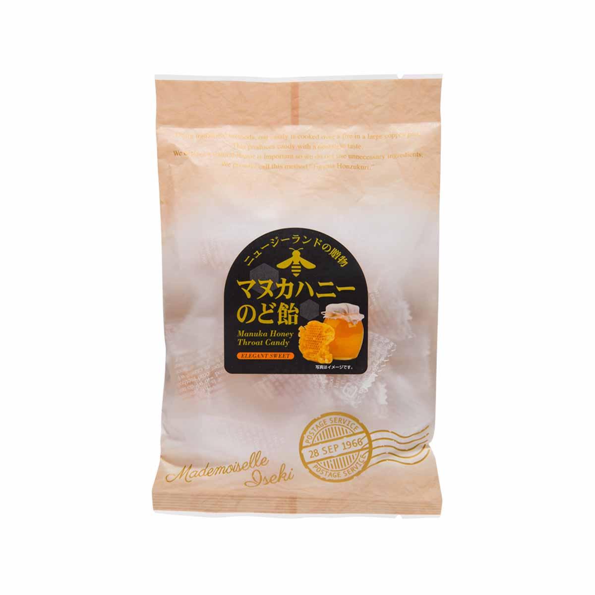 ISEKI manuka honey cough drops pouch, front label with honey-colored drop graphic