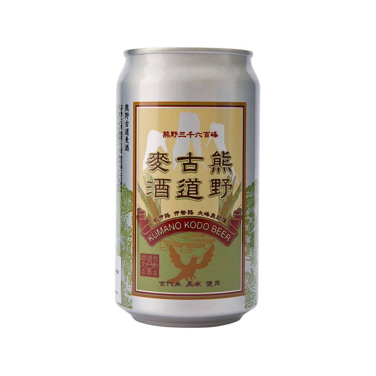 Beer can with front label, KUMANO KODO BEER artwork and bird emblem