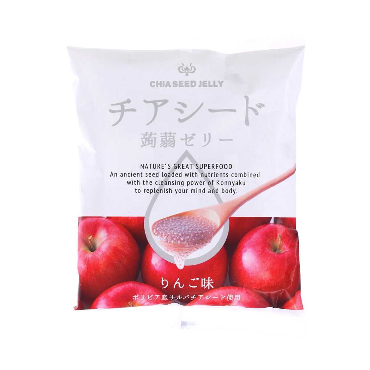 WAKASHO chia seed jelly pouch, apple flavor with apple and chia seeds graphics
